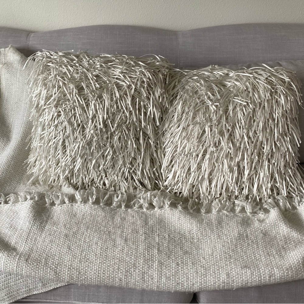 Winter wonderland white (2) Satin ribbon fringe pillows 16” sq